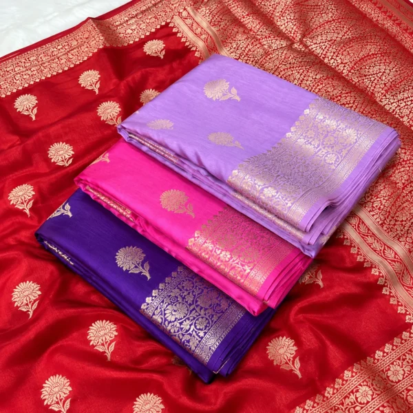 Viscose Silk Saree with Golden Zari Floral Buti & Brocade Pallu