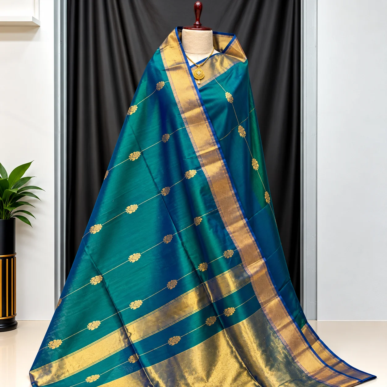 Deep Teal Green Pure Silk Maheshwari Saree - Image 1