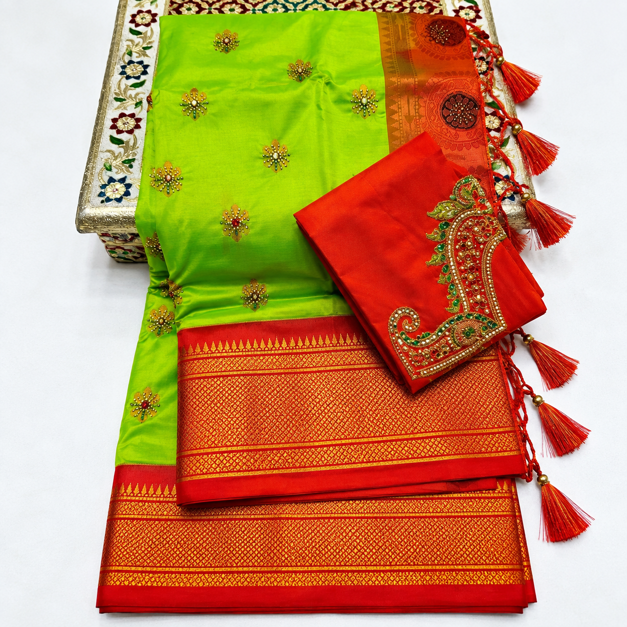 lime green 1 Premium Aariwork Paithani Saree - Image 1