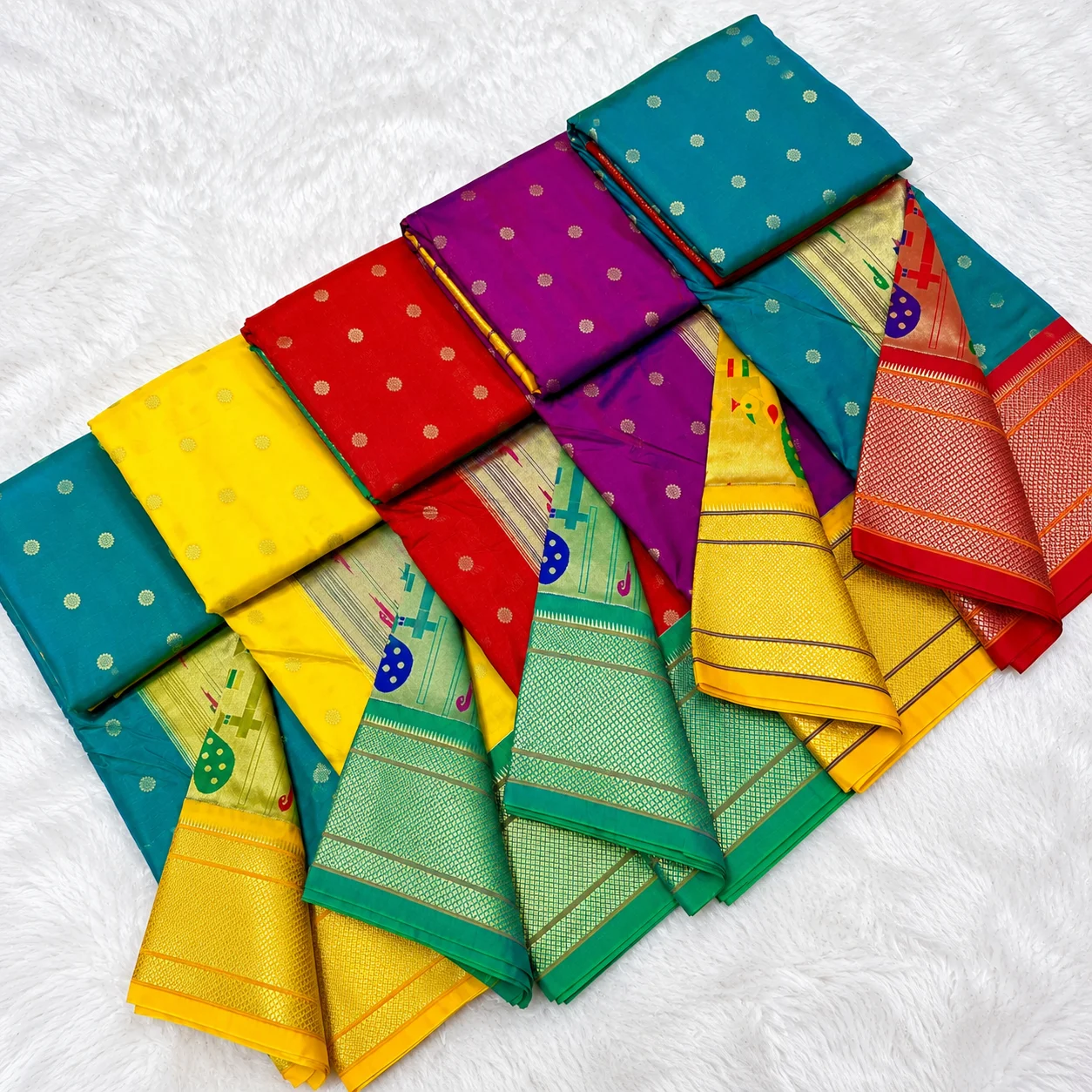 Colorful Sarees on Fluffy White Background Mohini Yevla Paithani – Navratri Special Collection - Image 1