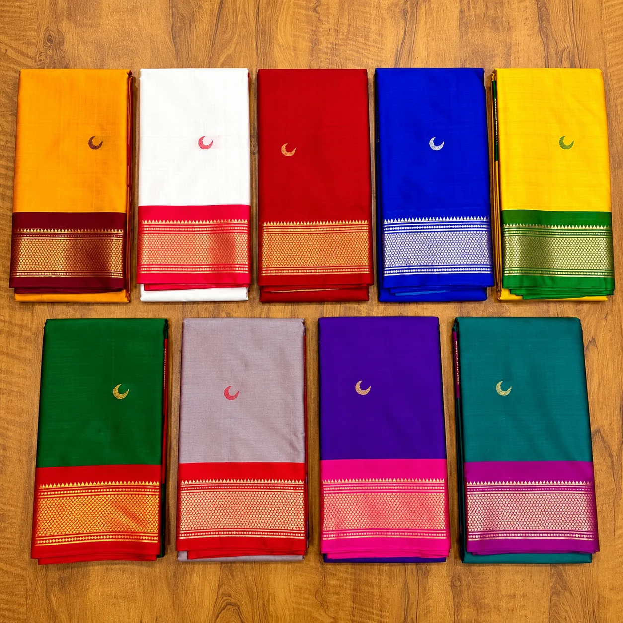 Colorful Silk Sarees on Wood Chandrakor Kadiyal Paithani – Navratri 9 Colour Collection - Image 1