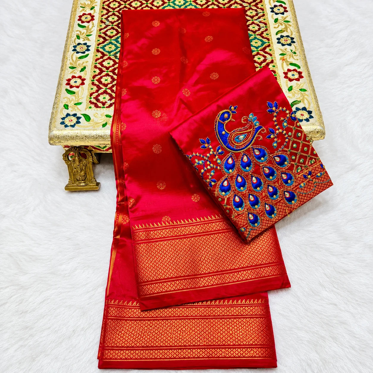 Luxurious Red Silk Saree Ensemble Premium Kalanjali 4×1 Peacock Pure Tana Soft Silk Paithani - Image 1