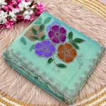 Premium Tissue Silk Brush Print Saree with Jarkan Work - Image 4