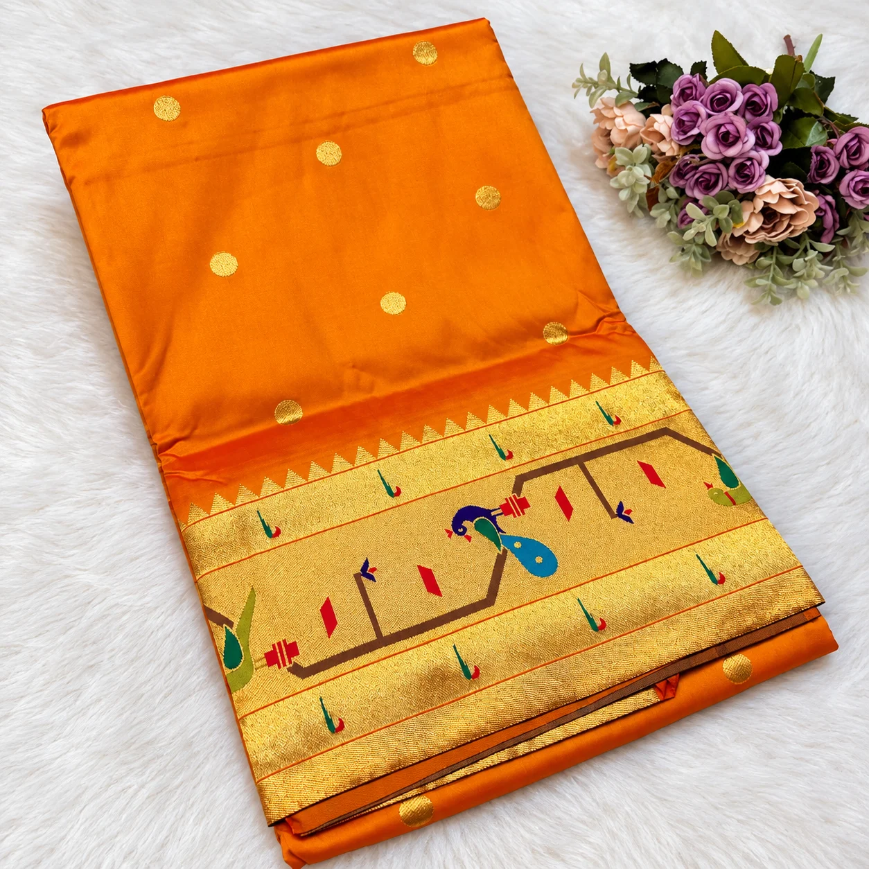 Orange Zari Saree with Floral Accent Brocade Mor Popat Premium Soft Silk Paithani Saree - Image 1