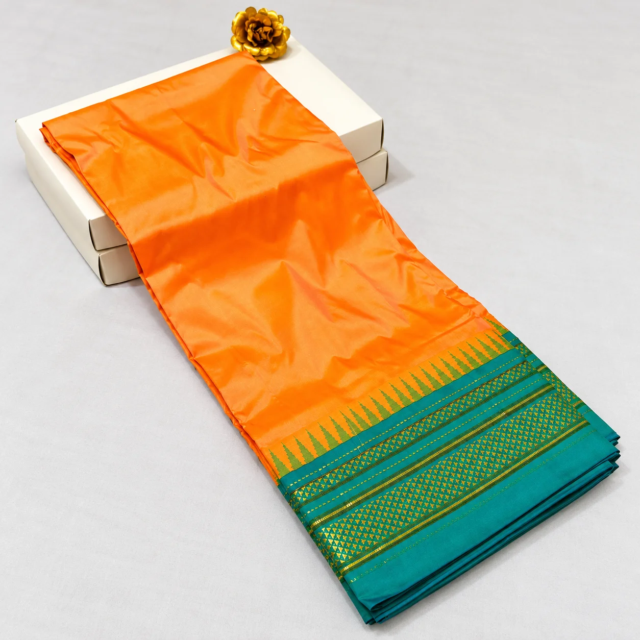 Vibrant Orange Silk Saree with Teal Gold Border Pure Silk Gadhwal Kalanjali Paithani - Image 1